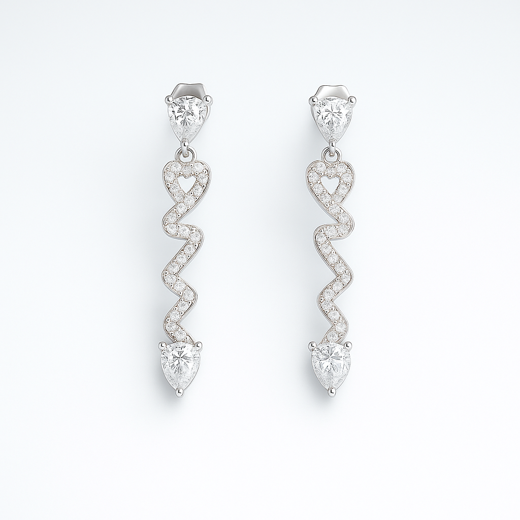 Zigzag Heart Drop Earrings with CZ Diamonds